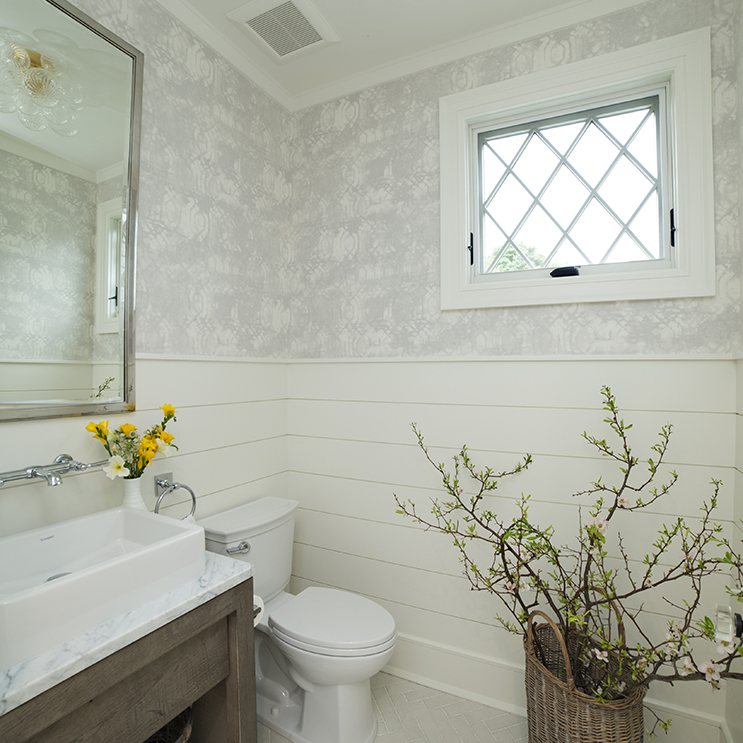 powder room renovation, Phillip Jeffries wallpaper and shiplap half walls