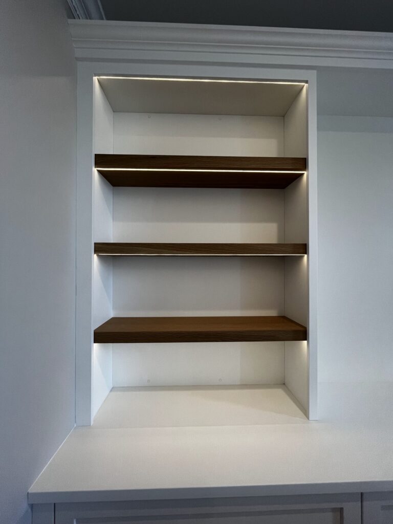 Lit built-in shelving detail