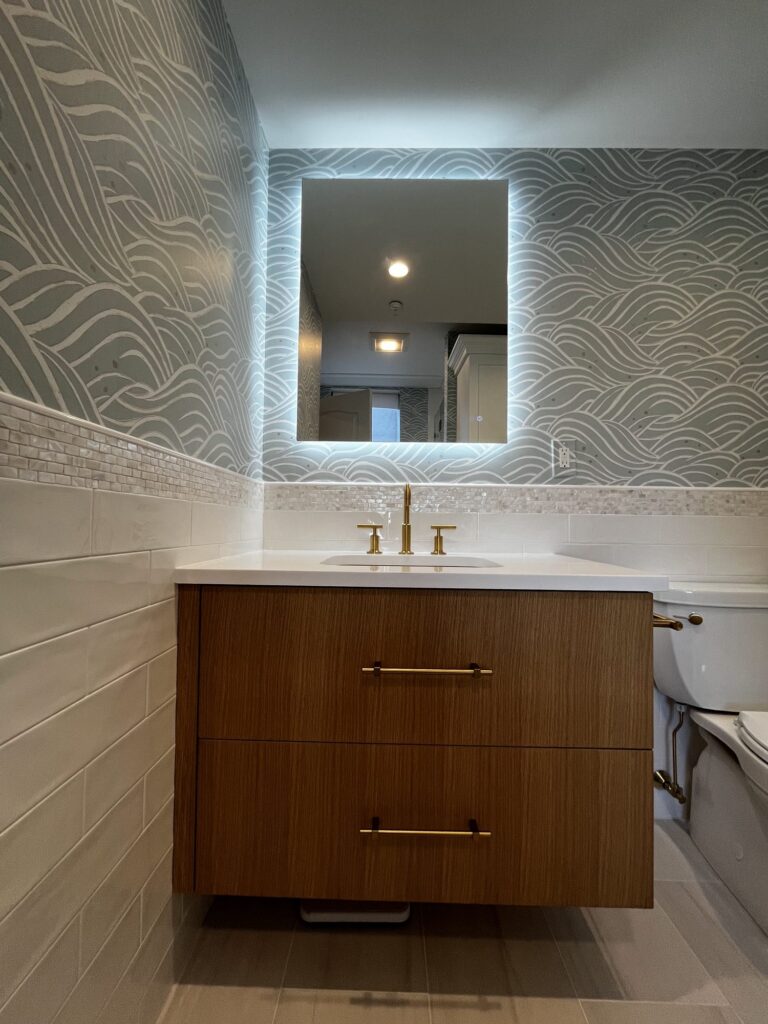 Floating wood vanity backlit mirror